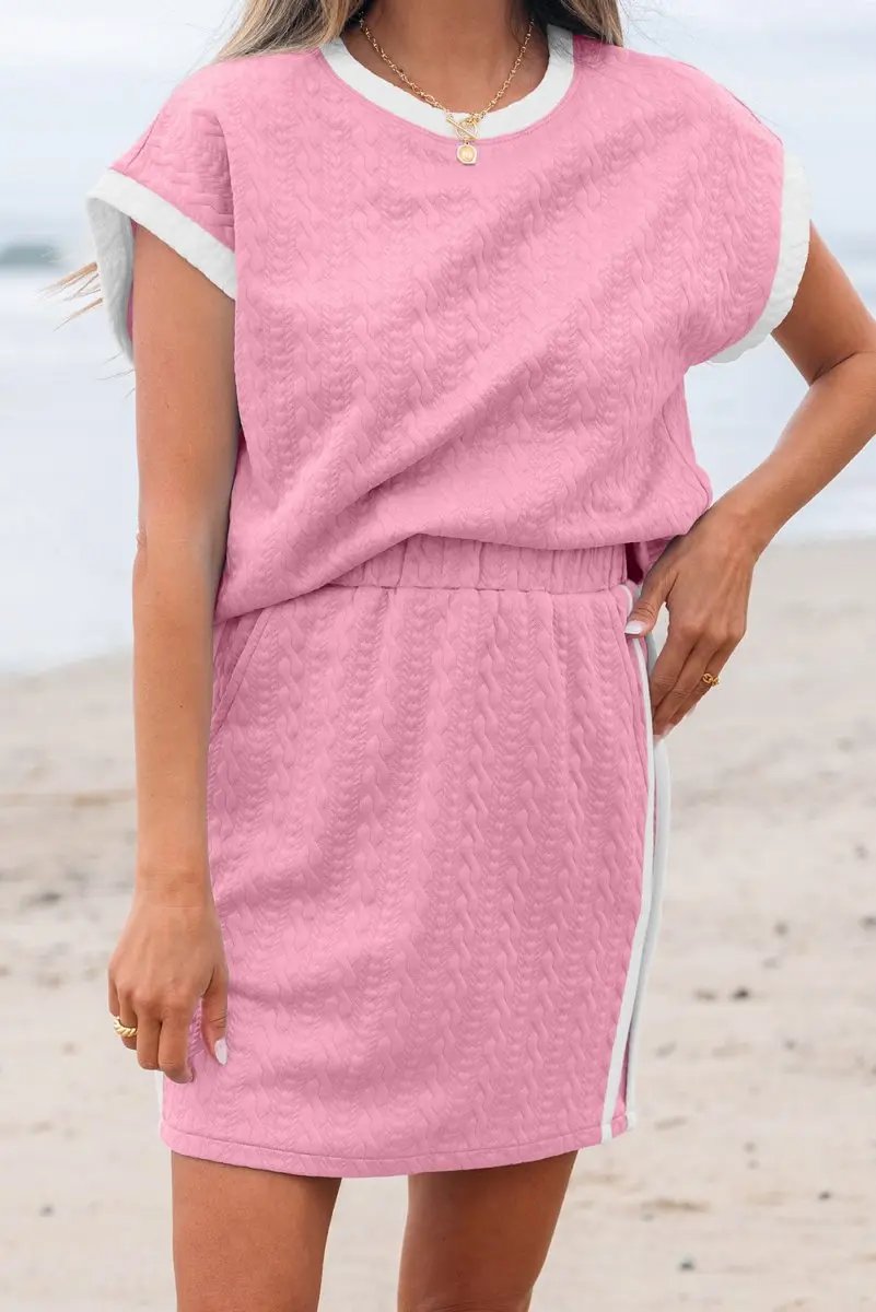 Pink Contrast Trim Textured Crewneck Tee And Pocketed Skirt Set - Love Salve